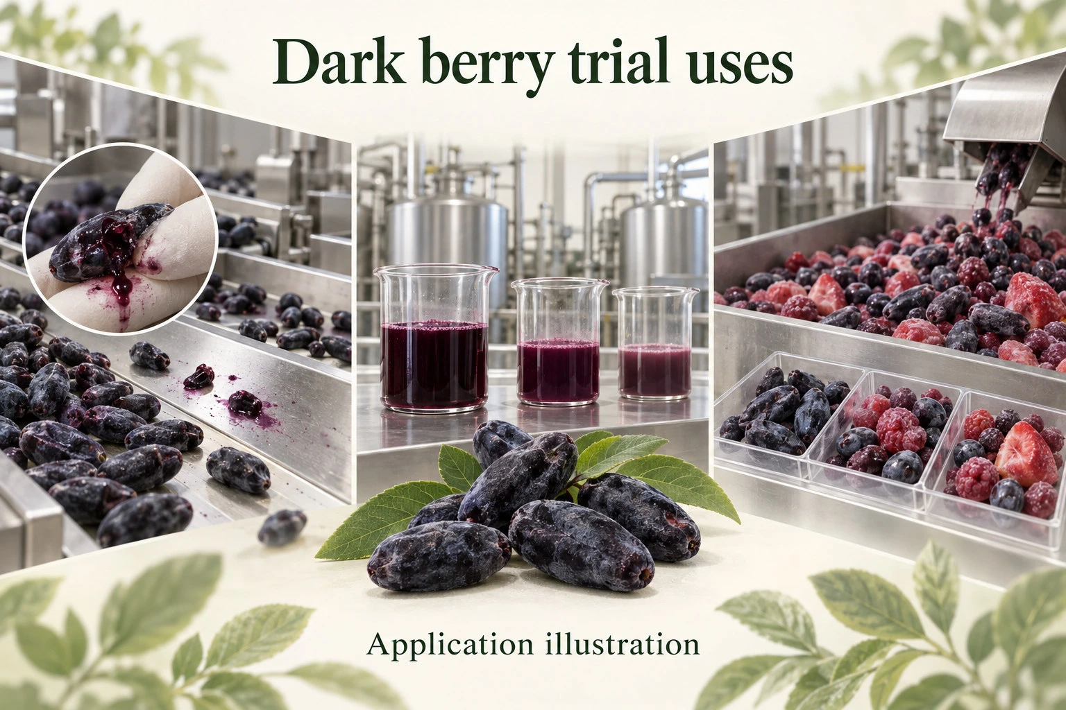 Concept illustration of dark elongated berries in fruit-preparation, beverage and blend trials