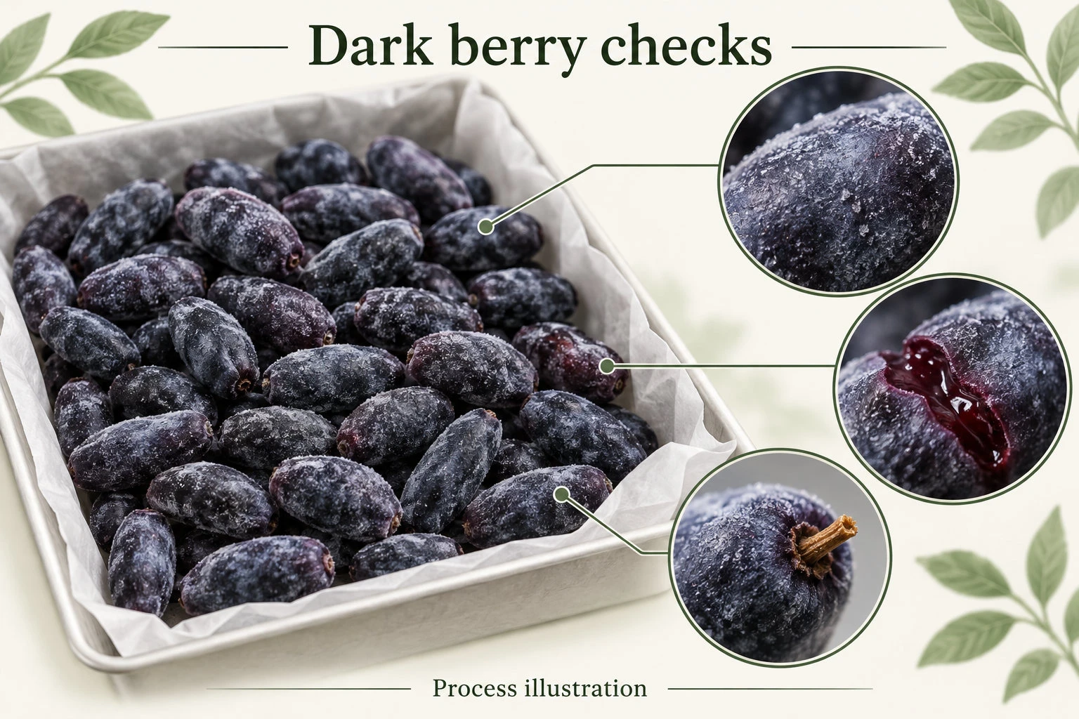 Concept illustration of dark elongated frozen berries checked for skin rupture and stem remnants