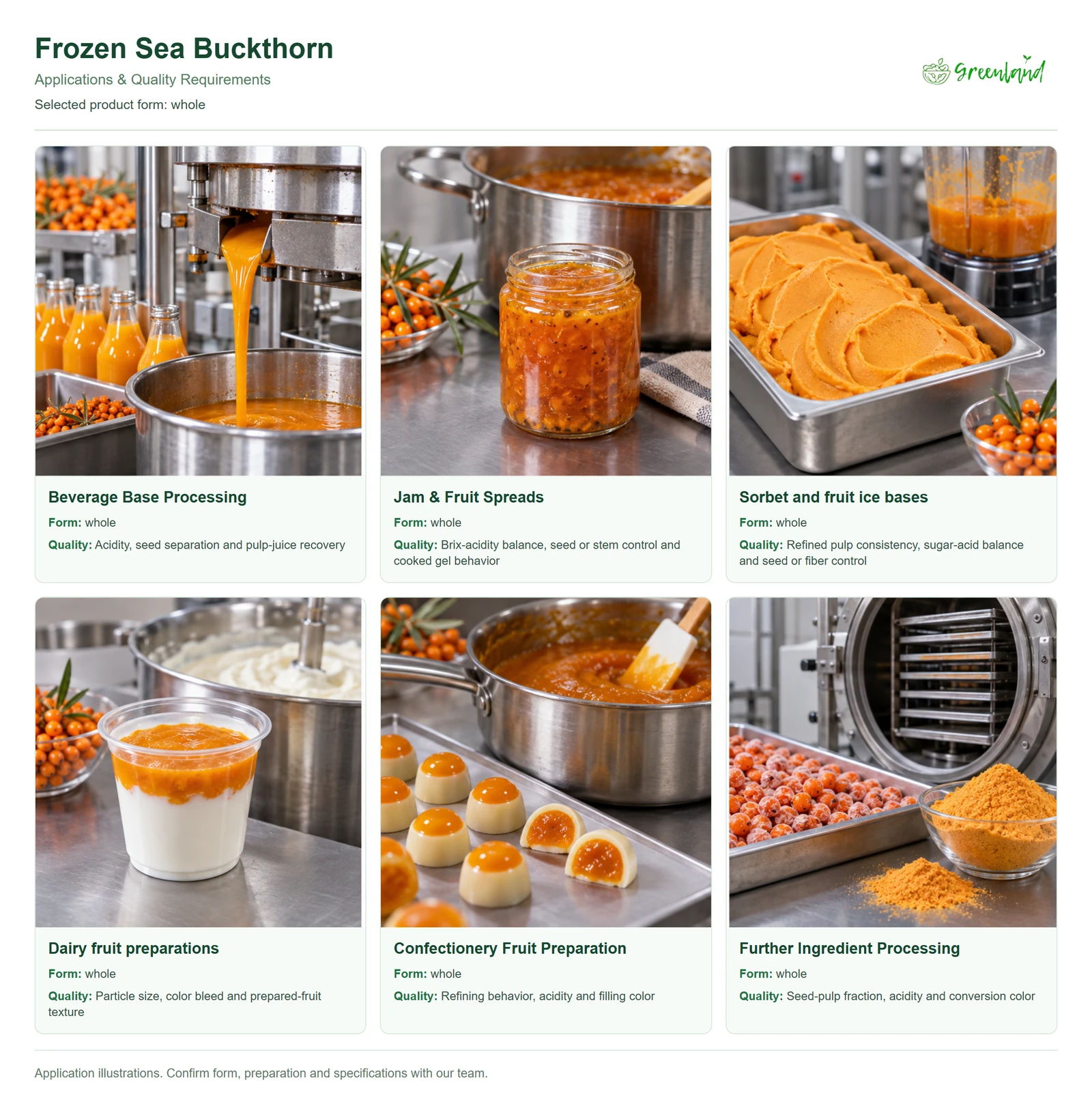 Frozen Buckthorn Berries applications and quality requirements: Beverage Base Processing, Jam & Fruit Spreads, Sorbet and fruit ice bases, Dairy fruit preparations, Confectionery Fruit Preparation, Further Ingredient Processing