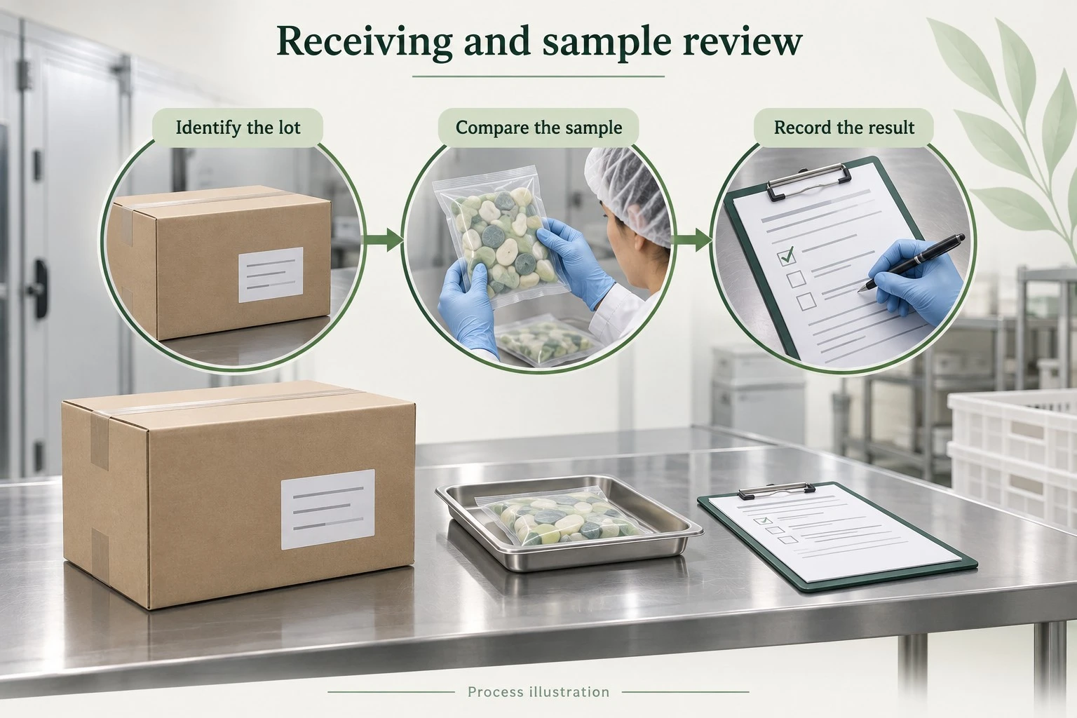 Illustrated receiving, sample comparison and lot record review