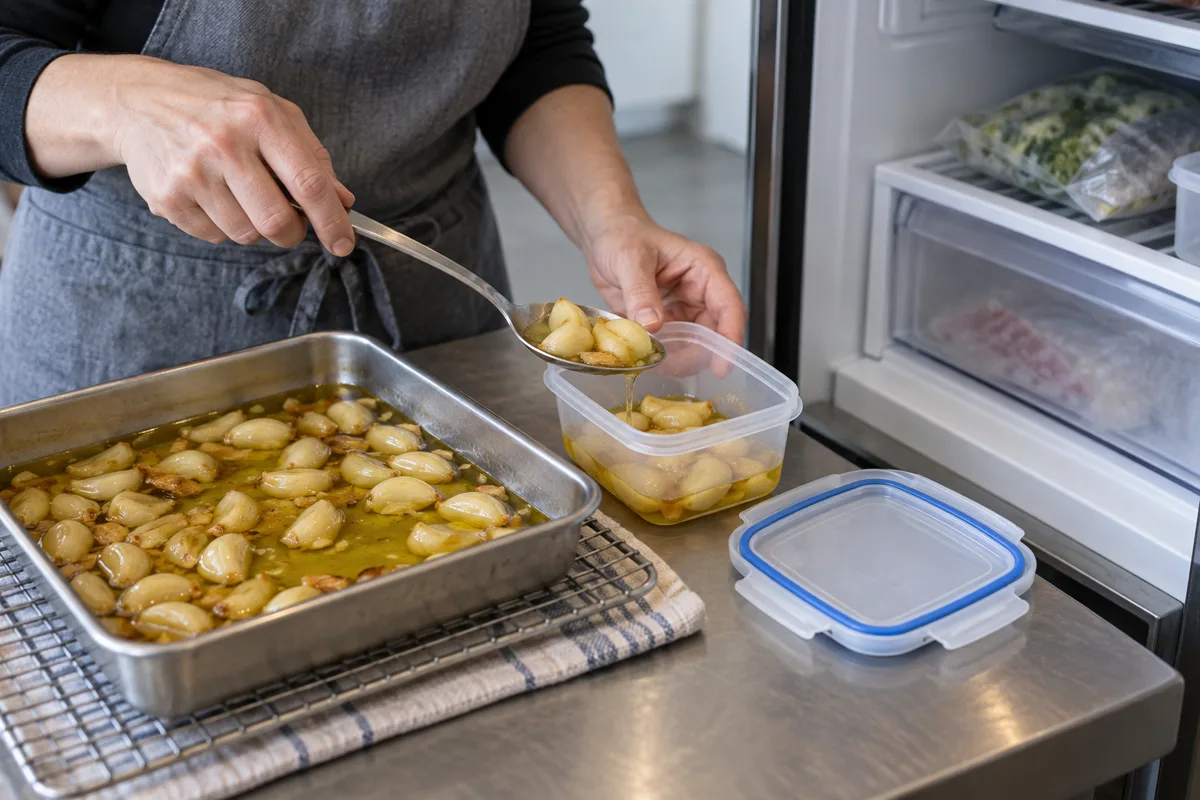 Cooked garlic confit transferred promptly into a freezer-safe container