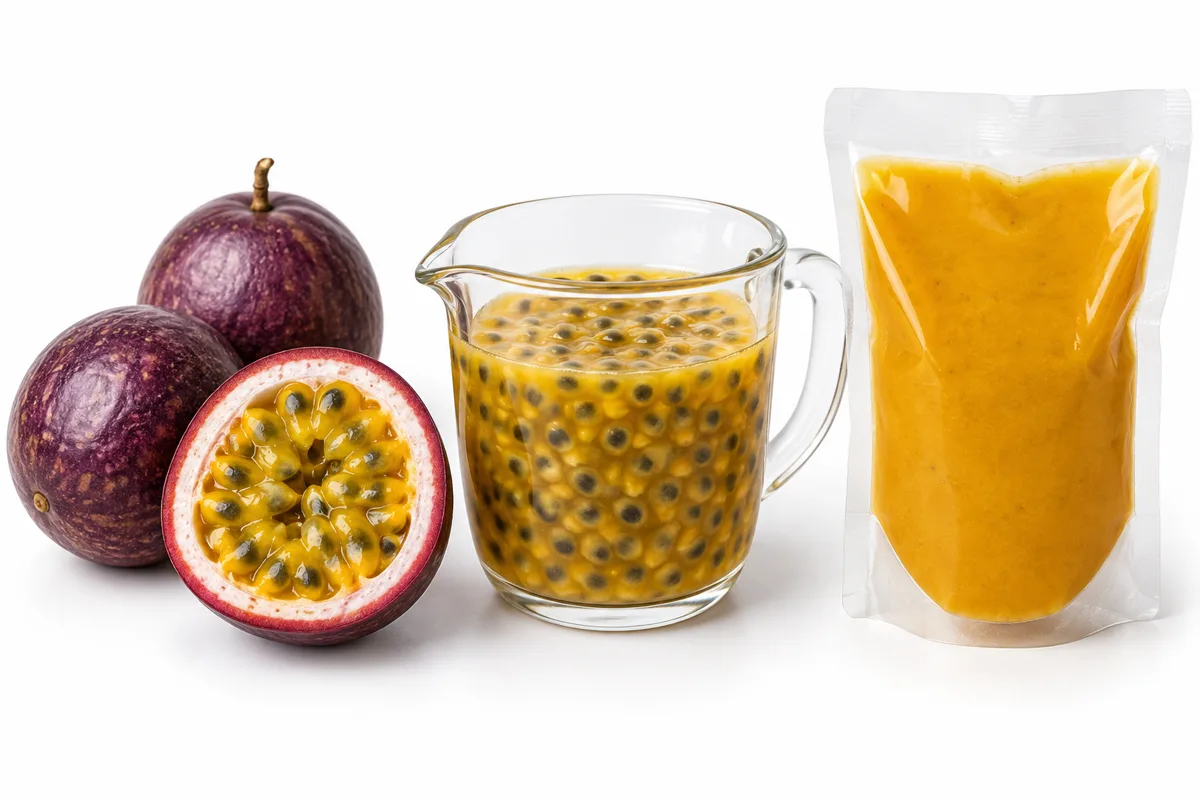 Whole passion fruit, seeded pulp and smooth passion fruit puree