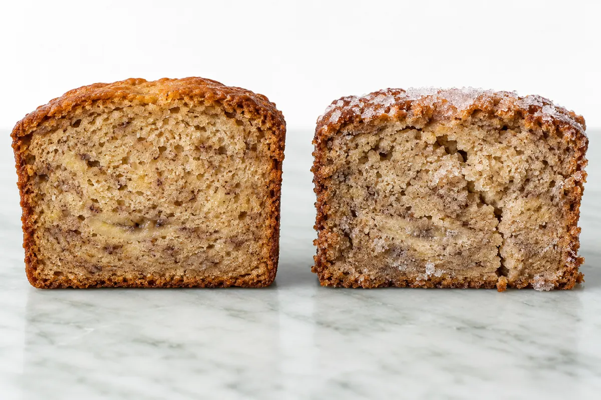 Protected banana bread crumb compared with a dry freezer-burned slice