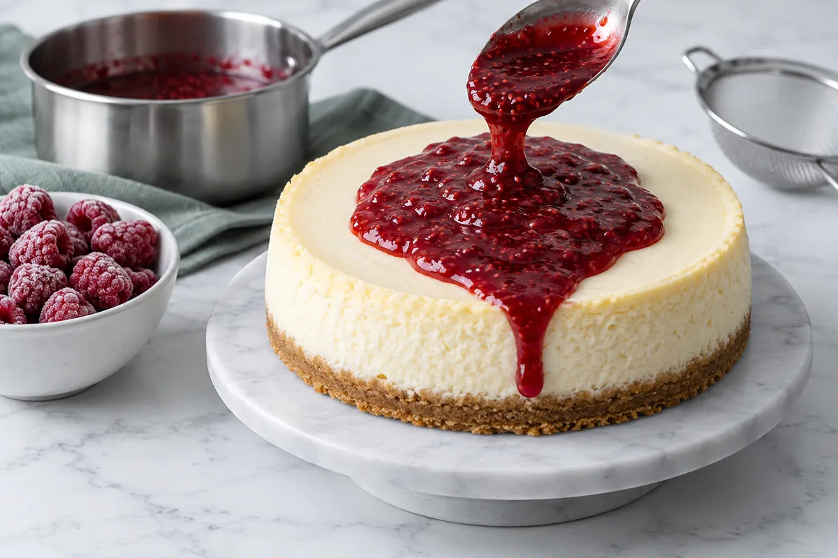 Finished cheesecake slice with glossy raspberry topping