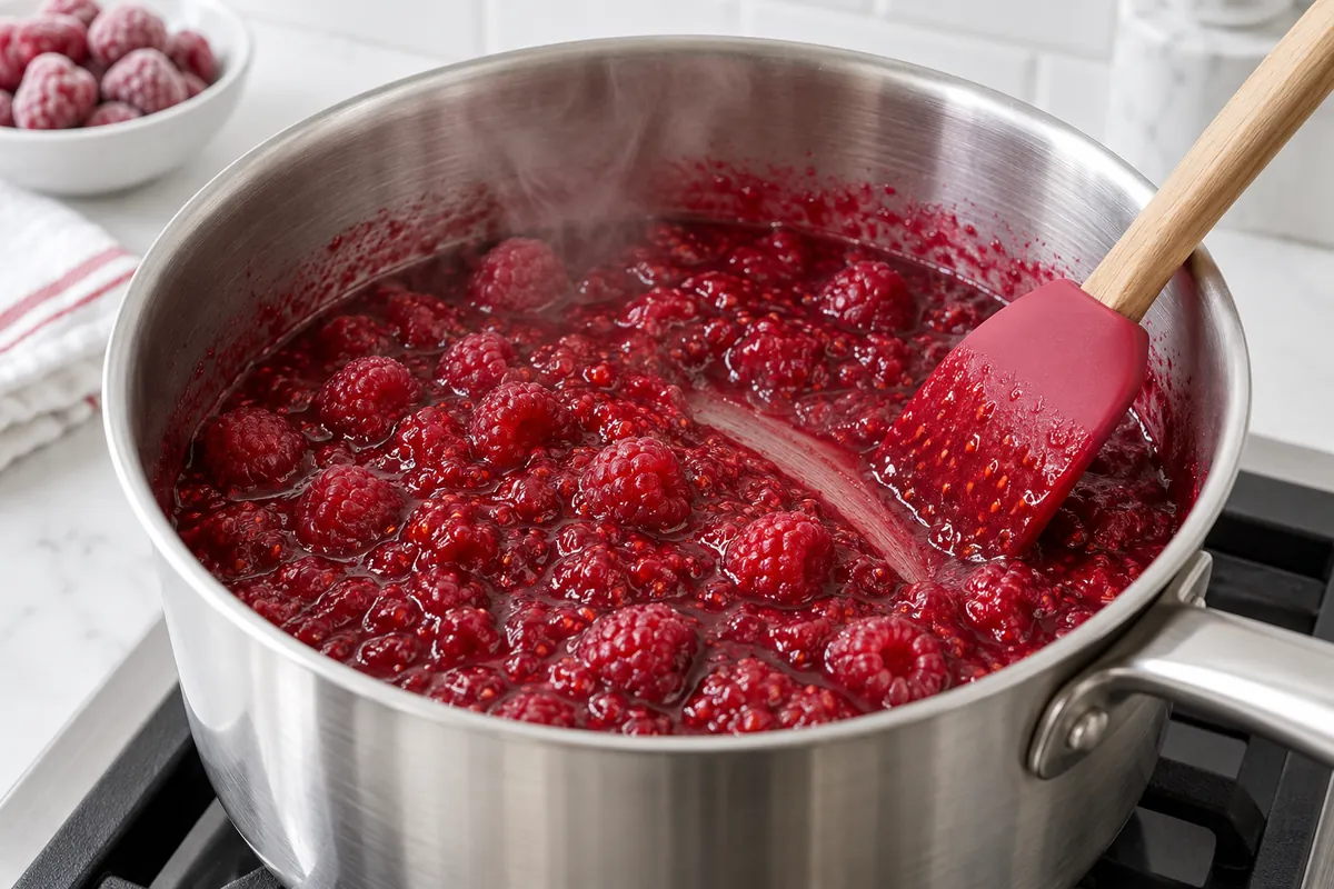 Frozen raspberries cooking into cheesecake topping