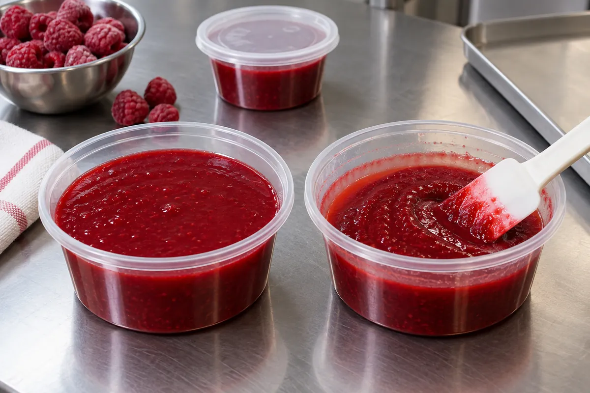 Portioned raspberry topping for freeze-thaw testing
