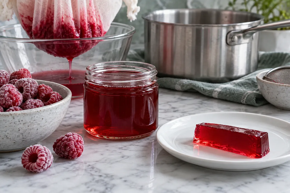 Clear raspberry jelly with an extraction bag and frozen fruit