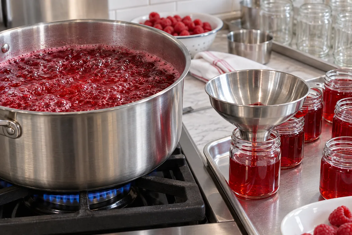Raspberry jelly boiling and being filled into clean jars