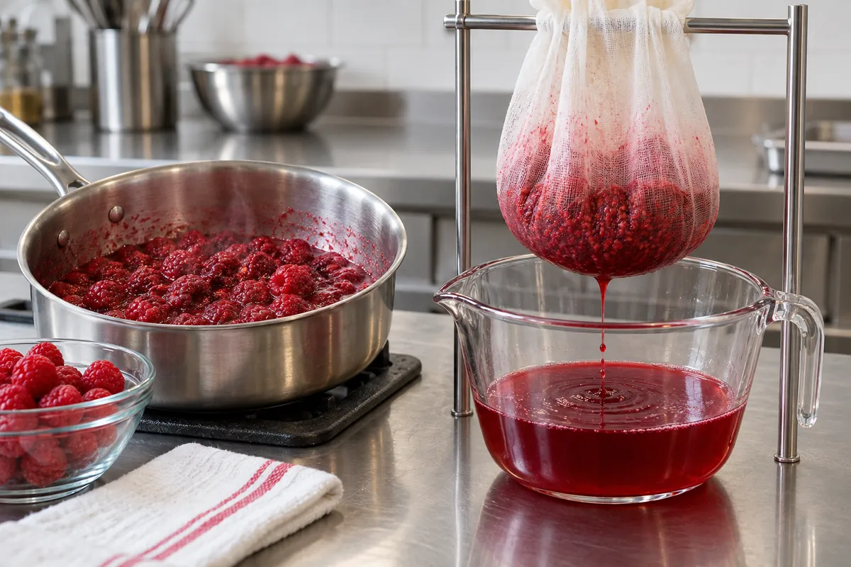Raspberry juice draining through a jelly bag