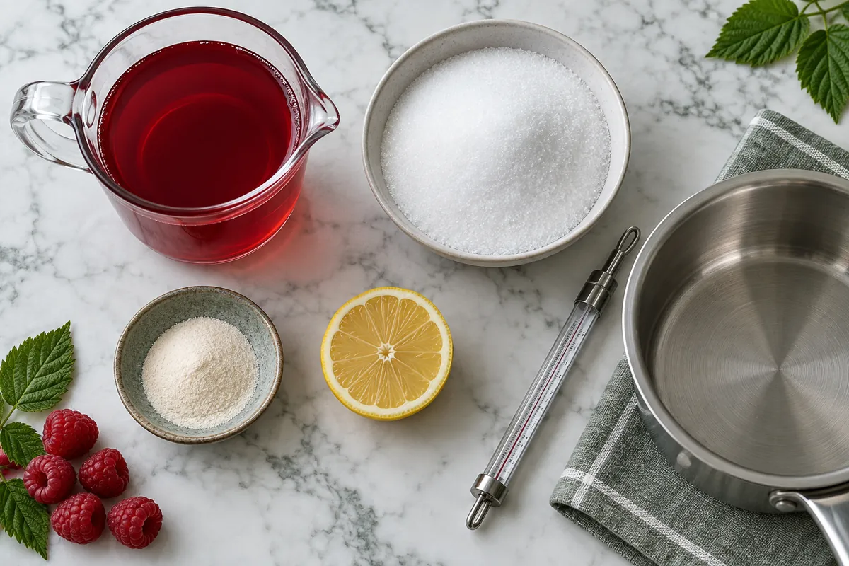 Measured juice sugar pectin and acid for raspberry jelly
