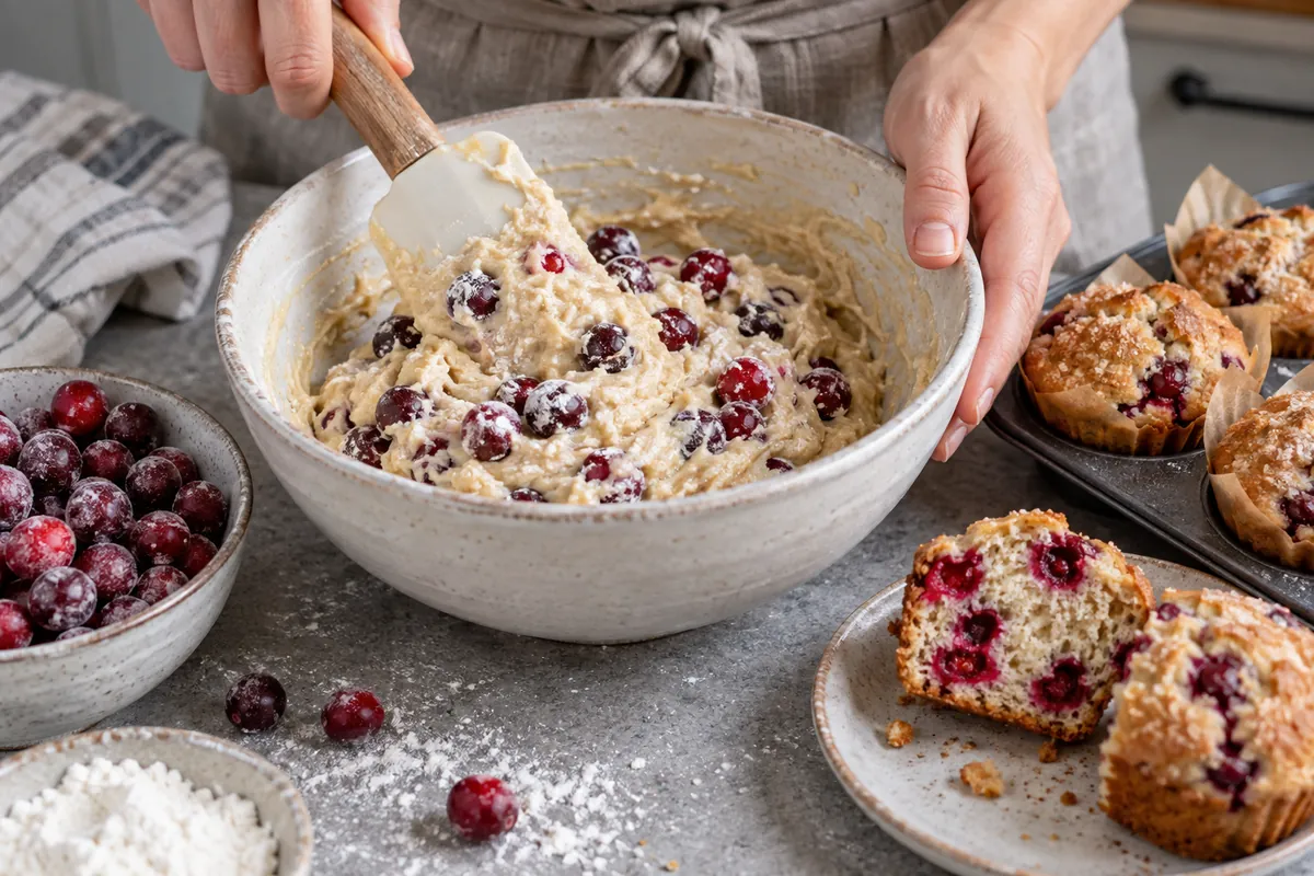 Frozen cranberries folded into muffin batter - process evidence Frozen cranberries folded into muffin batter