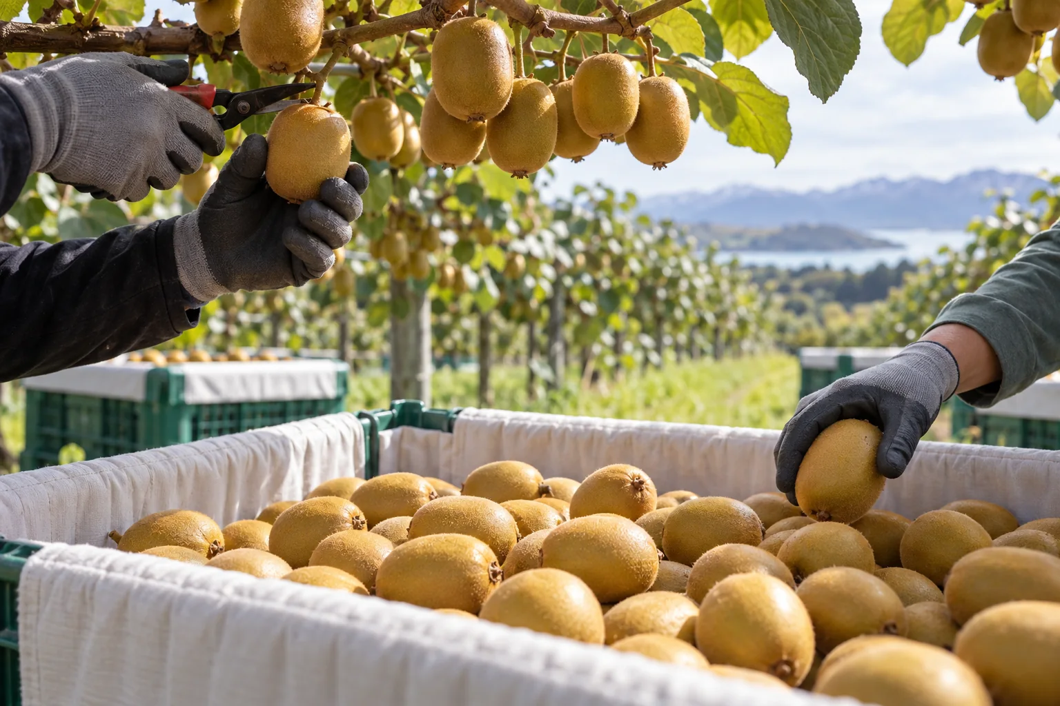 A New Zealand golden kiwifruit orchard at harvest with workers' hands clipping firm fruit into padded field bins, no faces, logos or implied GreenLand facility