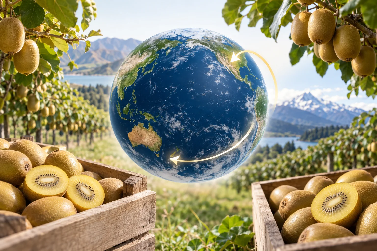 A geographic editorial illustration showing southern-hemisphere and northern-hemisphere golden kiwi harvest handoff across a world globe using orchard imagery and subtle arrows, no text
