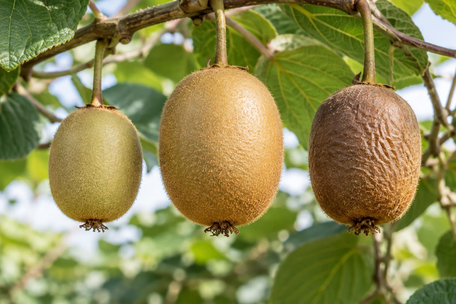 A botanical maturity comparison of three golden kiwifruit on the vine: undersized firm fruit, harvest-ready fruit, and overripe soft fruit, with accurate vine and leaf details and no labels