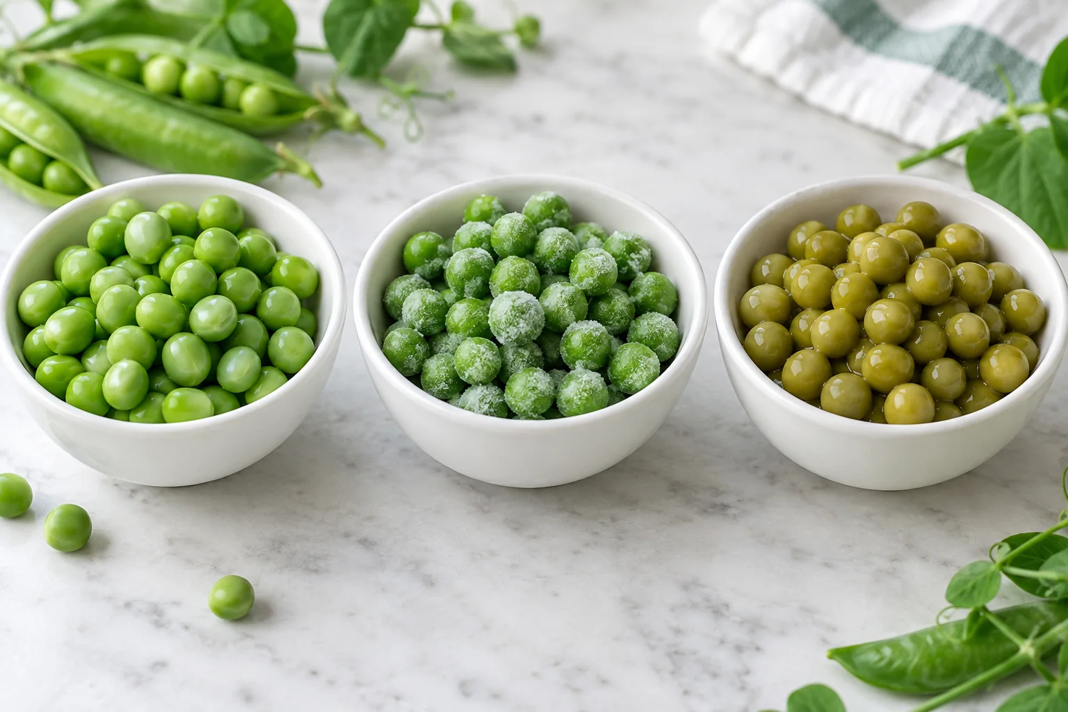 Three unlabelled white tasting bowls compare fresh shelled peas, IQF frozen peas and drained canned peas, with clear differences in color, surface and texture under neutral light