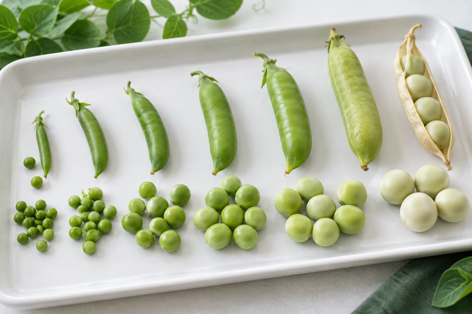 A maturity progression from small tender green peas to larger pale starchy peas, arranged by size and surface appearance on a white inspection tray with no text