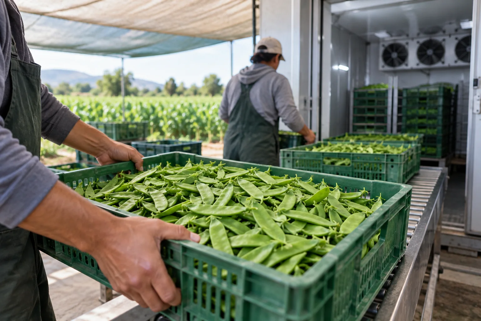 Postharvest cooling scene with shallow crates of snow peas moving from field shade into forced-air cooling, no facility logo or fabricated measurements
