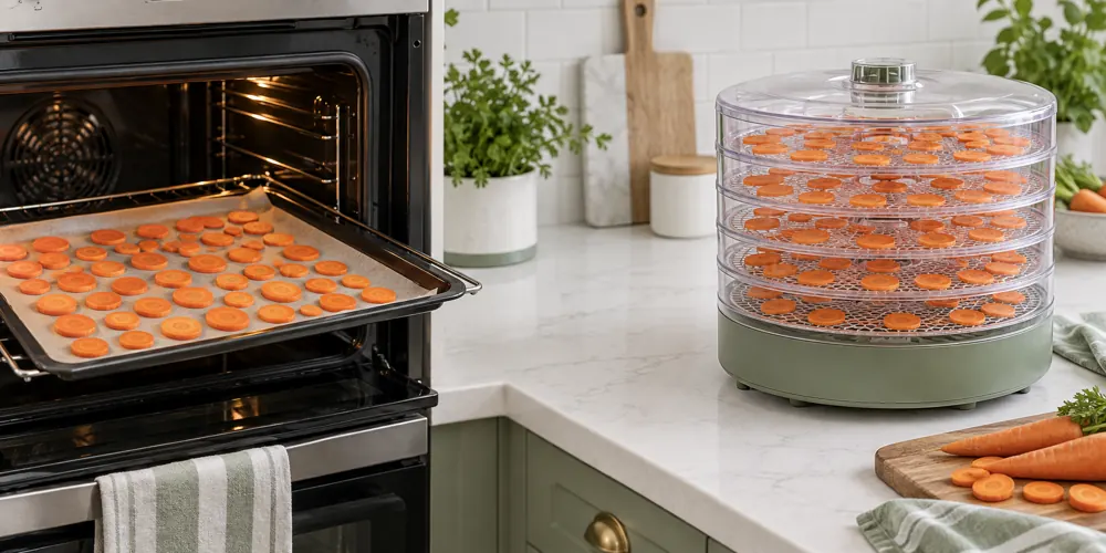 Thin carrot rounds spread in an oven and a dehydrator