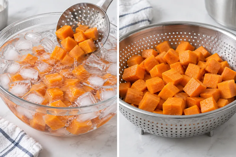 Blanched sweet potato cubes move into ice water and then drain