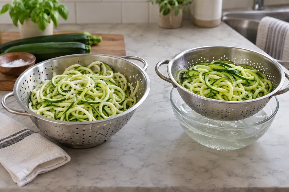 Draining and brief blanching preparation stations for zucchini noodles