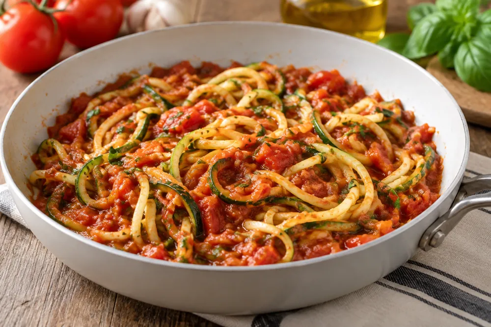 Cooked zucchini strands in a thick tomato sauce