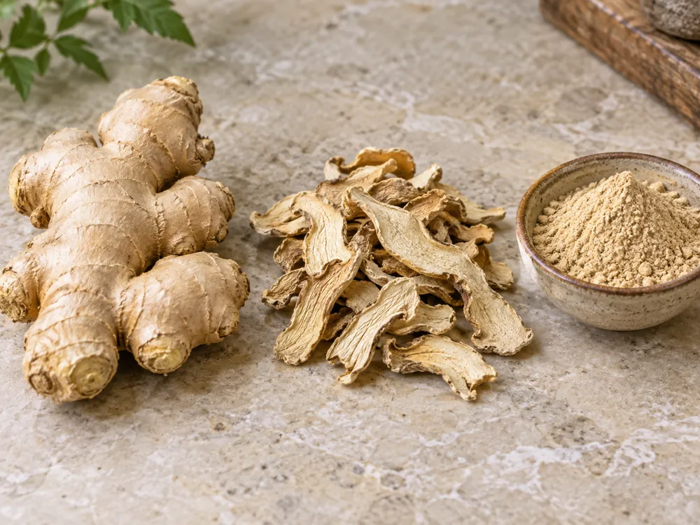 Fresh ginger, dried slices and ginger powder side by side