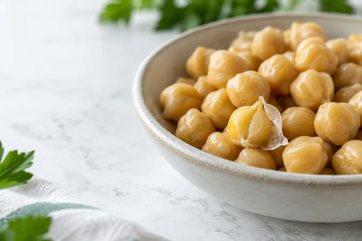 Cooked chickpea with its thin skin lifting away