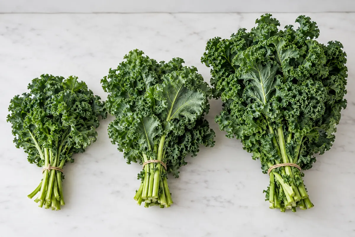 Three kale bunches of visibly different sizes