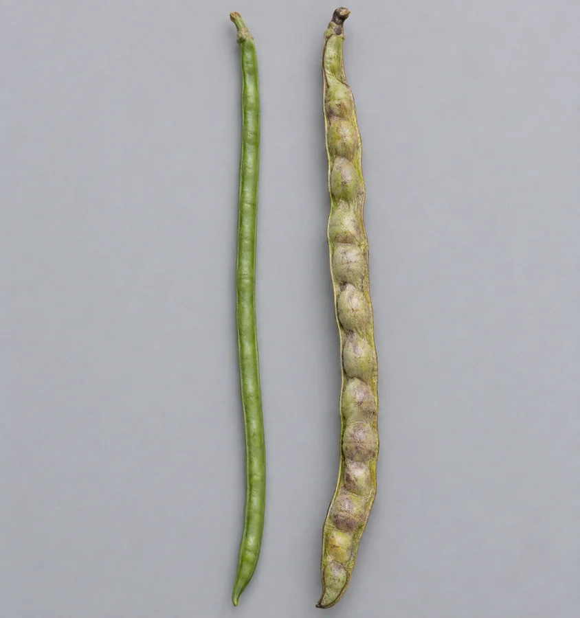 Young smooth tender long pod beside overmature bulging fibrous pod, visibly different seed swelling