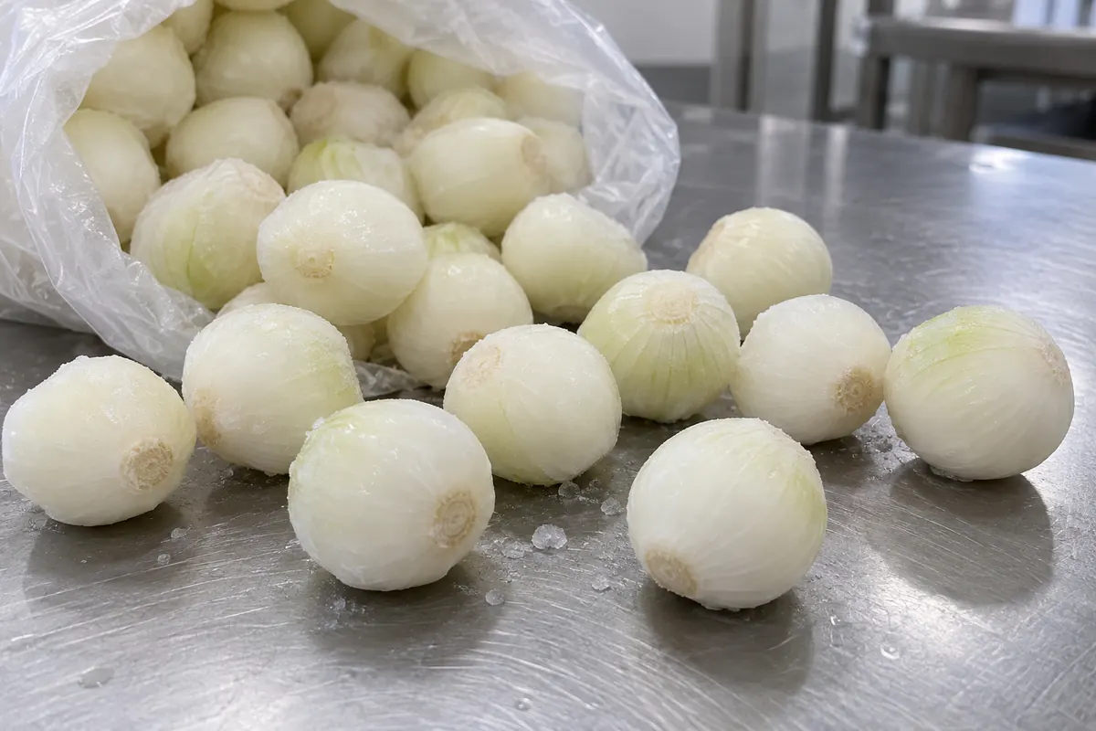 Whole peeled small frozen onions with light surface frost