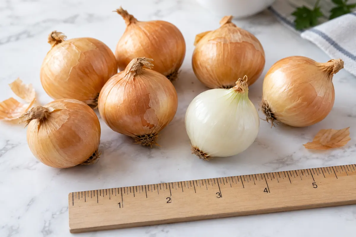 Small yellow boiler onions beside a scale ruler