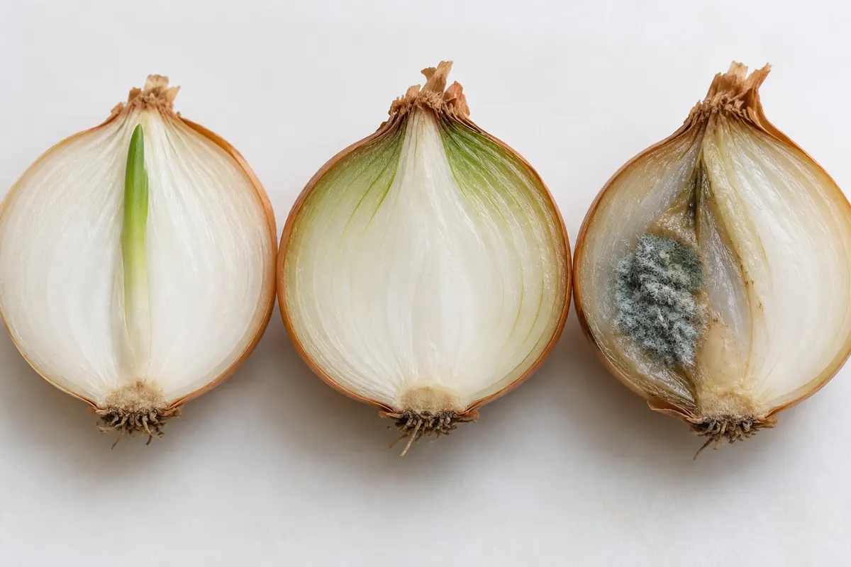 Cut onions showing central sprout, outer greening and mold in separate examples