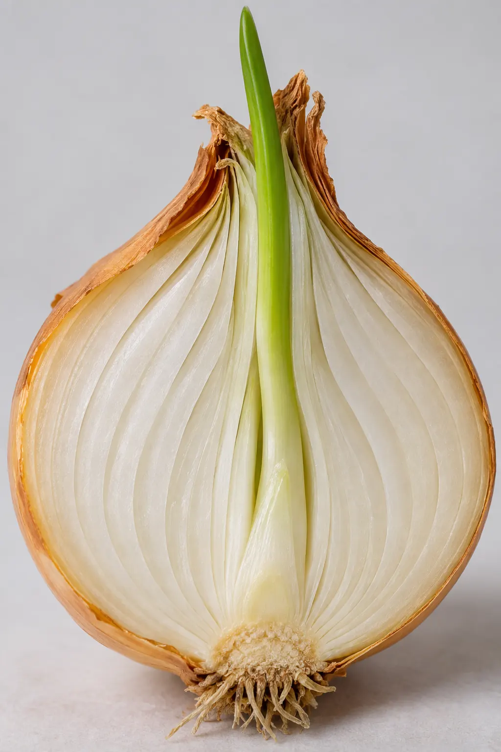 Green onion sprout growing from the center of a bulb