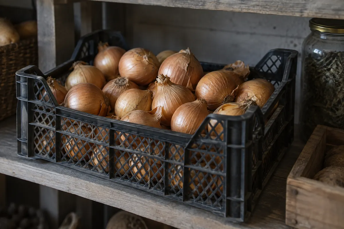 Dry intact onions stored with air space in a mesh crate