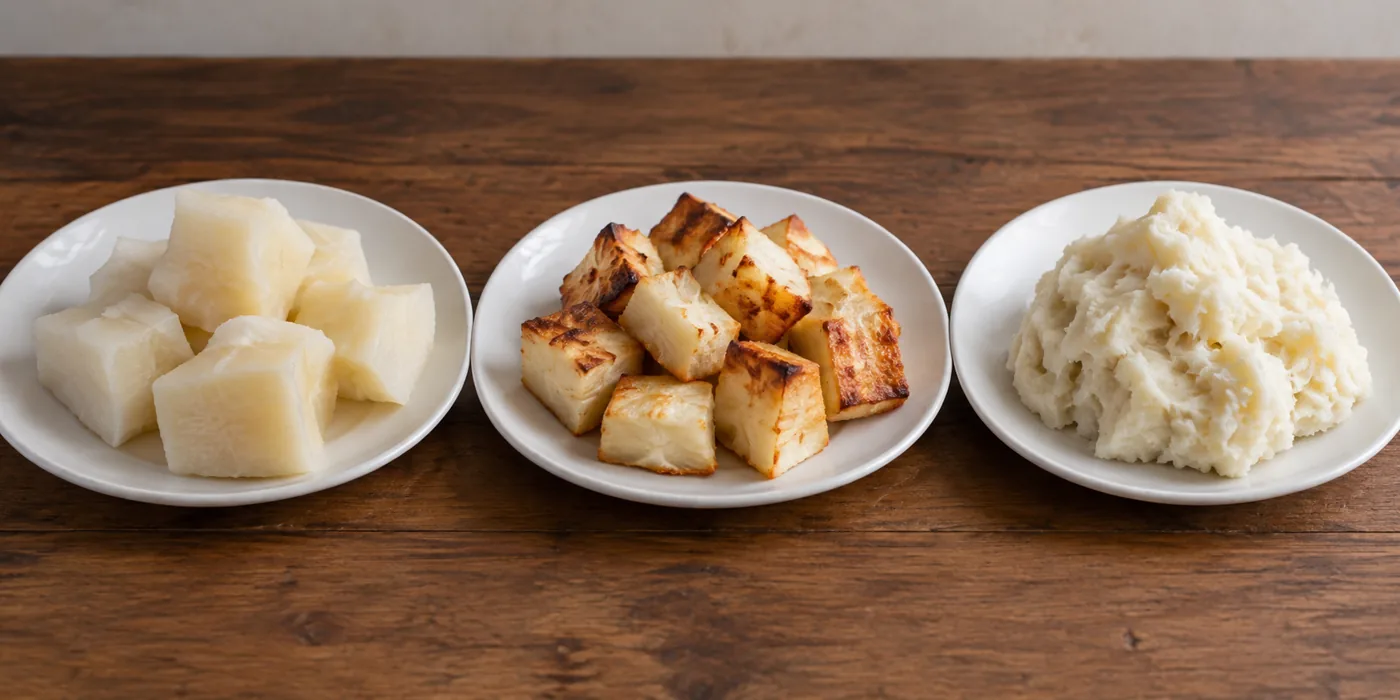Boiled, roasted and mashed yam in separate portions