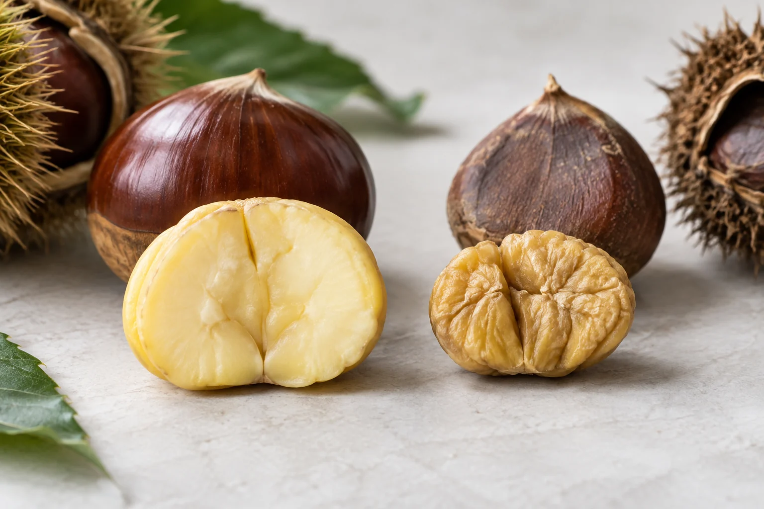 Plump chestnut kernel compared with a dried, shrunken kernel