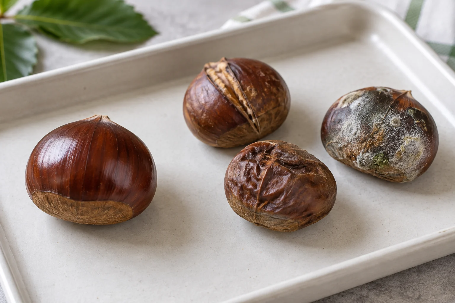 Sound chestnut beside cracked, shriveled and visibly moldy examples