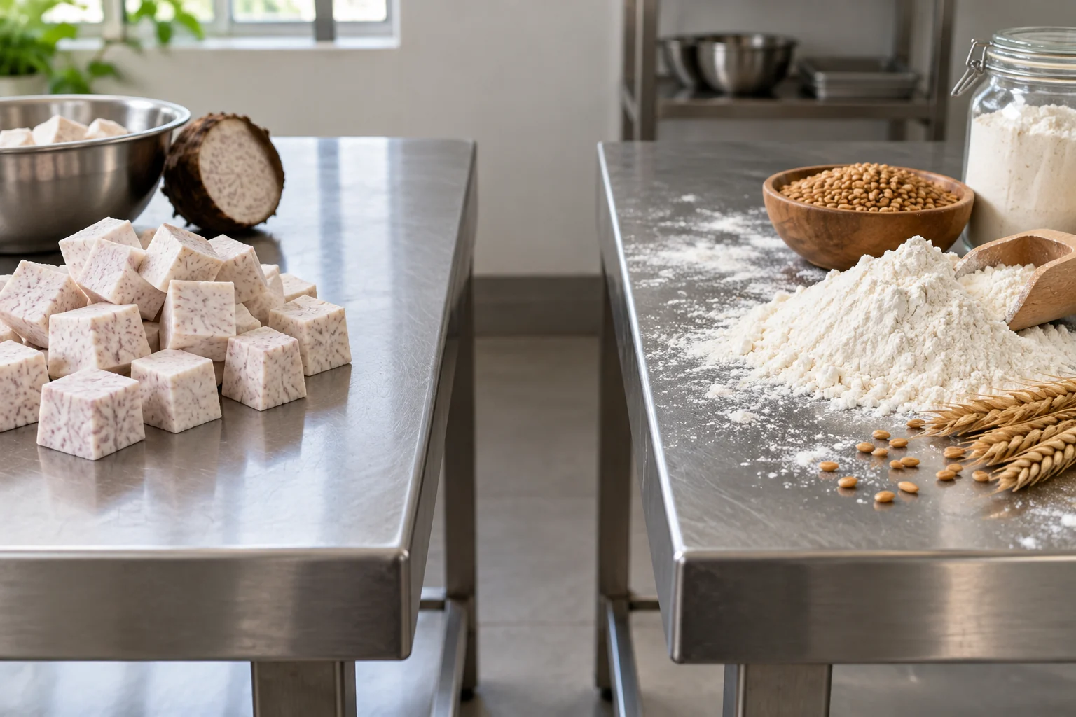 Separate taro and wheat work areas illustrating possible cross-contact