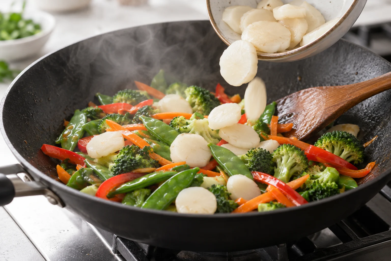 Water chestnut slices added to a hot vegetable stir-fry