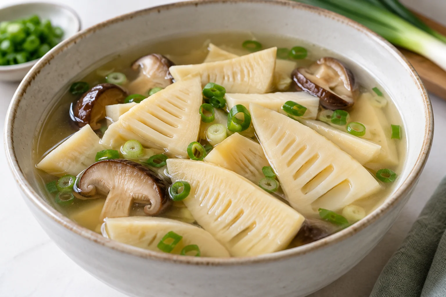 Bamboo shoot pieces in a clear mushroom and scallion broth