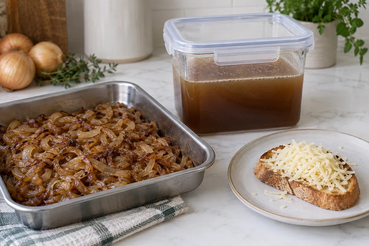 Keep onion base, broth and cheese toast distinct before freezing