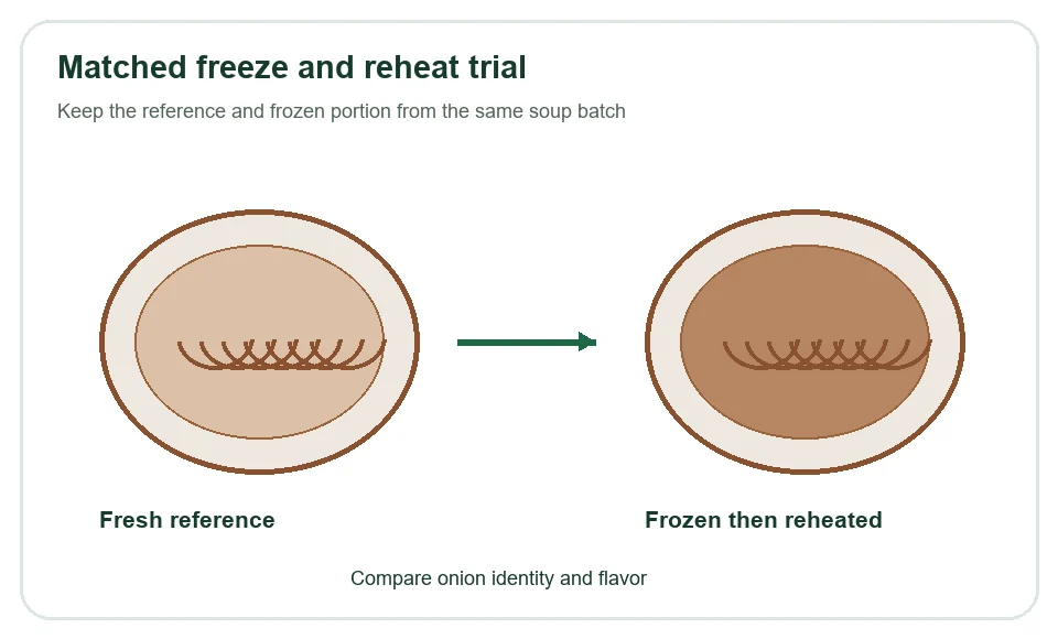 Compare onion identity and flavor after freeze and reheat